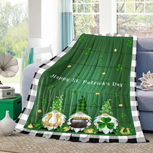 flannel fleece throw blanket,st. patrick’s day clover gnome black white lattice lightweight soft warm throws,shamrock wooden board cozy plush blankets for bed couch car office all seasons use 40x60in