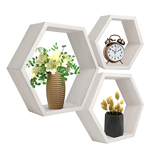 White Hexagon Floating Wall Shelves, Set of 3 Wall Mounted Honeycomb Shelves, Floating Wall Hanging Shelf, Wooden Bedroom Bathroom Shelves Farmhouse Decor for Living Room, Bedroom, Kitchen, Office