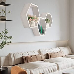 White Hexagon Floating Wall Shelves, Set of 3 Wall Mounted Honeycomb Shelves, Floating Wall Hanging Shelf, Wooden Bedroom Bathroom Shelves Farmhouse Decor for Living Room, Bedroom, Kitchen, Office