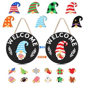 fortuning’s jds interchangeable welcome sign, 19 magnet gnome decorations with detachable hats for front door, 12 inches wooden front door decor as easter spring gifts