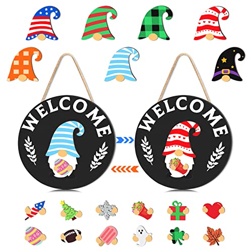 Fortuning's JDS Interchangeable Welcome Sign, 19 Magnet Gnome Decorations with Detachable Hats for Front Door, 12 Inches Wooden Front Door Decor as Easter Spring Gifts