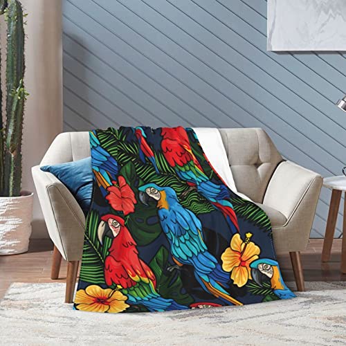 Macaw and Hibiscus Flowers Throw Blanket Flannel Throws Ultra Soft Bedspread Microfiber Blankets Durable Home Decor Perfect Warm for Bed Sofa Couch Chair