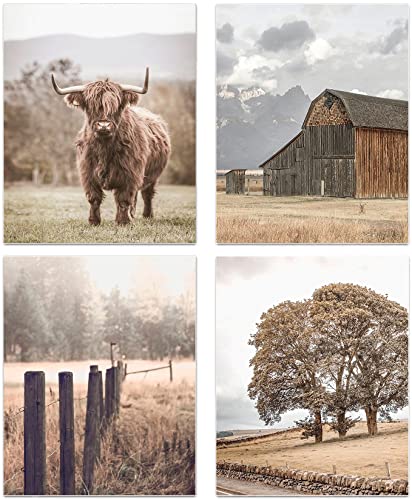 RUIYAN Farmhouse Landscape Wall Art, Highland Cow Decorations, Western Country Photography Canvas Art Prints for Living Room Bedroom Decor, Fall Forest Nature Prints, Set of 4(8''x10'', Unframed)