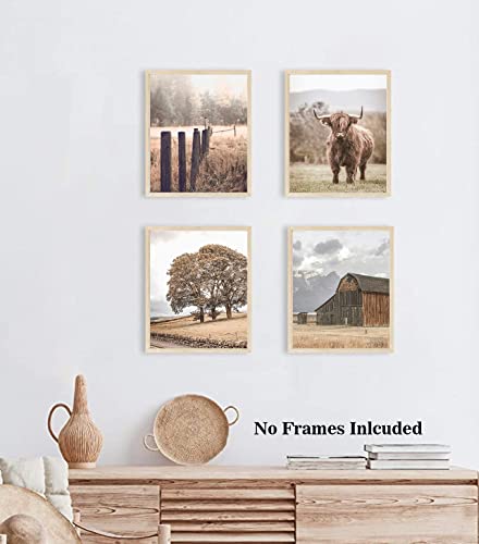 RUIYAN Farmhouse Landscape Wall Art, Highland Cow Decorations, Western Country Photography Canvas Art Prints for Living Room Bedroom Decor, Fall Forest Nature Prints, Set of 4(8''x10'', Unframed)