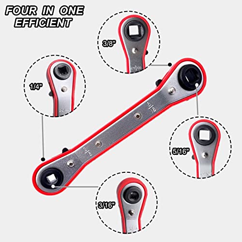 LDCRE HVAC Service Wrench Set , Air Conditioner Valve Curved Ratchet Wrench ( 1/4", 3/8", 3/16", 5/16" ), with Hexagon Bit Adapter Tool Kit for Refrigeration Equipment and Repair