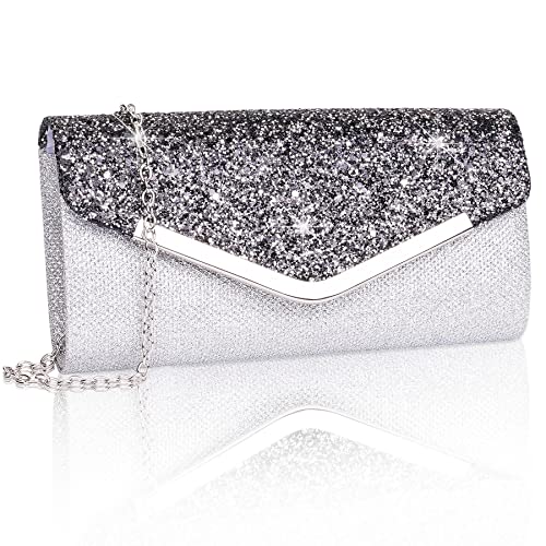 Larcenciel Clutch Purses for Women, Shiny Sequin Envelope Clutch Evening Bag w/Chain, Fashion Shoulder Crossbody Handbags Party Prom Purse Bride Wedding Guest Clutch Dress Carry on Bag (Sliver Black)