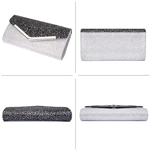 Larcenciel Clutch Purses for Women, Shiny Sequin Envelope Clutch Evening Bag w/Chain, Fashion Shoulder Crossbody Handbags Party Prom Purse Bride Wedding Guest Clutch Dress Carry on Bag (Sliver Black)