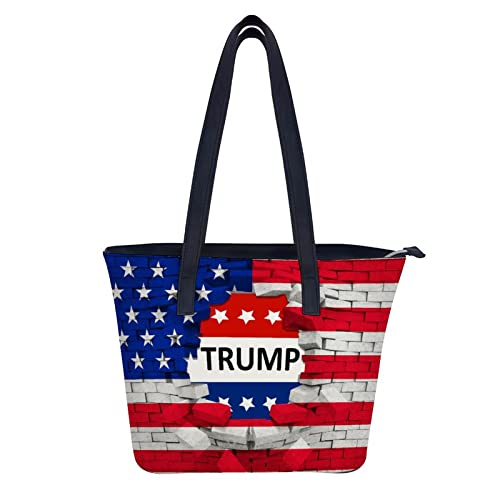 American USA Flag And Trump Stylish Leather Tote Bag Casual Ladies Shoulder Bags For Work School Travel Business Shopping