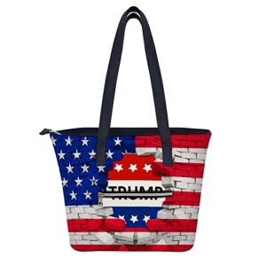 American USA Flag And Trump Stylish Leather Tote Bag Casual Ladies Shoulder Bags For Work School Travel Business Shopping