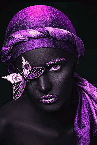 Siufgak Black Women Canvas Wall Art African American Purple Turban Butterfly Poster Black Art Fashion Contemporary Artwork For Living Room Bedroom (16"X24" Unframed)