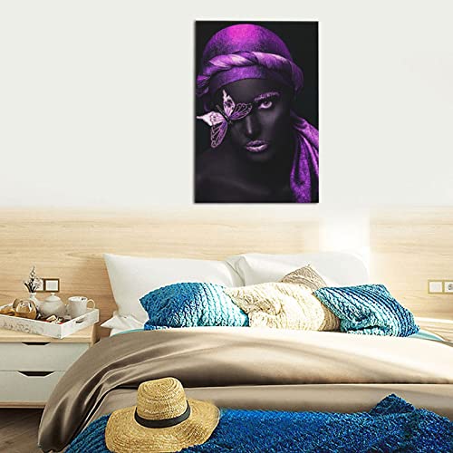 Siufgak Black Women Canvas Wall Art African American Purple Turban Butterfly Poster Black Art Fashion Contemporary Artwork For Living Room Bedroom (16"X24" Unframed)