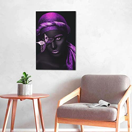 Siufgak Black Women Canvas Wall Art African American Purple Turban Butterfly Poster Black Art Fashion Contemporary Artwork For Living Room Bedroom (16"X24" Unframed)