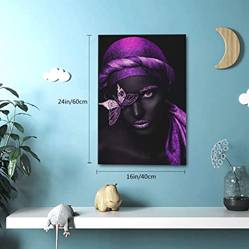 Siufgak Black Women Canvas Wall Art African American Purple Turban Butterfly Poster Black Art Fashion Contemporary Artwork For Living Room Bedroom (16"X24" Unframed)