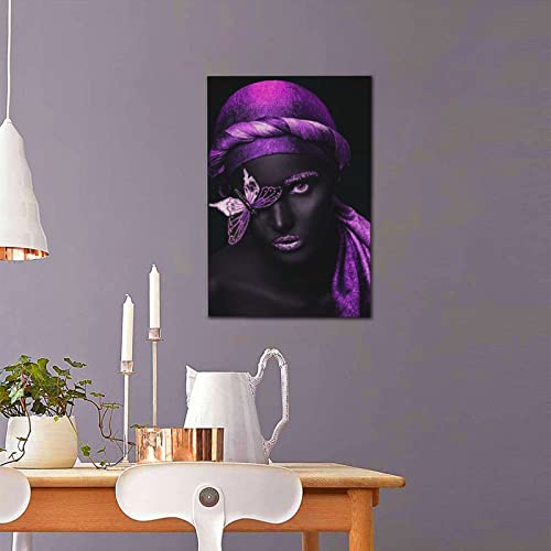 Siufgak Black Women Canvas Wall Art African American Purple Turban Butterfly Poster Black Art Fashion Contemporary Artwork For Living Room Bedroom (16"X24" Unframed)