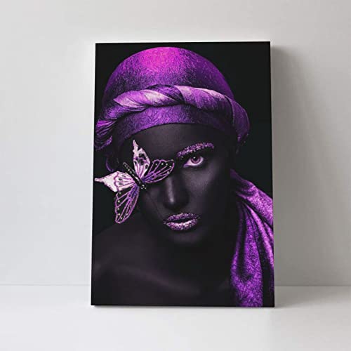 Siufgak Black Women Canvas Wall Art African American Purple Turban Butterfly Poster Black Art Fashion Contemporary Artwork For Living Room Bedroom (16"X24" Unframed)