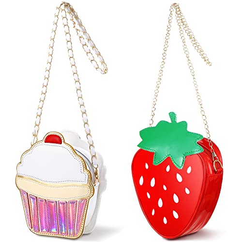 Cindeer 2 Pcs Girls Strawberry Purse Bag Cupcake Purse Bag Kawaii Food Fruit Purse Chain PU Phone Shoulder Wallet Crossbody Handbag for Women