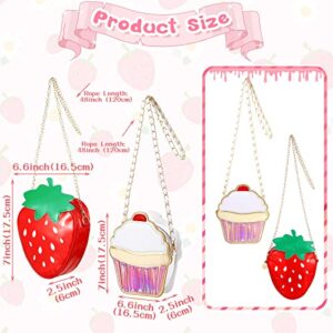 Cindeer 2 Pcs Girls Strawberry Purse Bag Cupcake Purse Bag Kawaii Food Fruit Purse Chain PU Phone Shoulder Wallet Crossbody Handbag for Women