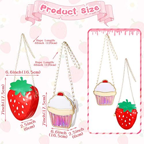 Cindeer 2 Pcs Girls Strawberry Purse Bag Cupcake Purse Bag Kawaii Food Fruit Purse Chain PU Phone Shoulder Wallet Crossbody Handbag for Women