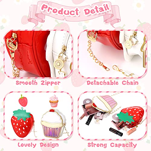 Cindeer 2 Pcs Girls Strawberry Purse Bag Cupcake Purse Bag Kawaii Food Fruit Purse Chain PU Phone Shoulder Wallet Crossbody Handbag for Women