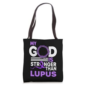 my god is stronger than lupus awareness ribbon tote bag