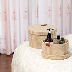 Lvfaismeg Decorative Basket With Lids,Natural Jute Rope Woven Basket With Lid Genuine Leather Handles ,Set of 2 Storage Basket With Lid ,Big Basket With Lid and Small Basket for Organizing.