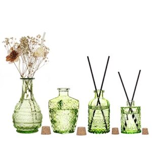 mygift vintage embossed green glass decorative reed diffuser bottles with cork lids, small apothecary style flower bud vases, set of 4