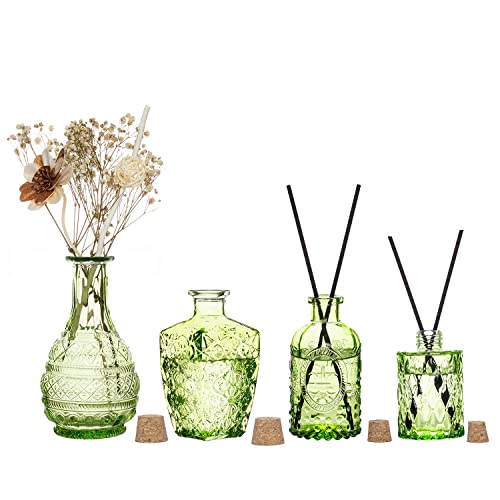 MyGift Vintage Embossed Green Glass Decorative Reed Diffuser Bottles with Cork Lids, Small Apothecary Style Flower Bud Vases, Set of 4