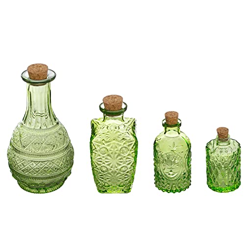 MyGift Vintage Embossed Green Glass Decorative Reed Diffuser Bottles with Cork Lids, Small Apothecary Style Flower Bud Vases, Set of 4