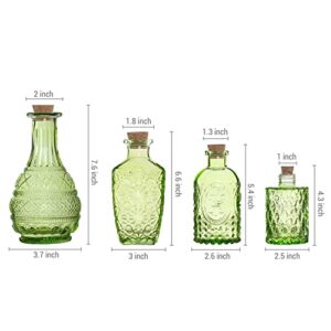 MyGift Vintage Embossed Green Glass Decorative Reed Diffuser Bottles with Cork Lids, Small Apothecary Style Flower Bud Vases, Set of 4