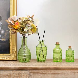 MyGift Vintage Embossed Green Glass Decorative Reed Diffuser Bottles with Cork Lids, Small Apothecary Style Flower Bud Vases, Set of 4