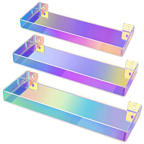 NiHome Iridescent Acrylic Floating Wall Shelves, 3-Pack Rainbow Display Shelves with Edges, 5mm Thick Heavy Duty Hanging Bookshelves for Home Office Wall Decoration