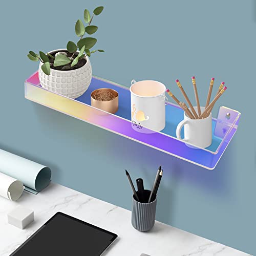 NiHome Iridescent Acrylic Floating Wall Shelves, 3-Pack Rainbow Display Shelves with Edges, 5mm Thick Heavy Duty Hanging Bookshelves for Home Office Wall Decoration