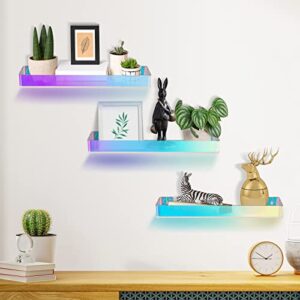 NiHome Iridescent Acrylic Floating Wall Shelves, 3-Pack Rainbow Display Shelves with Edges, 5mm Thick Heavy Duty Hanging Bookshelves for Home Office Wall Decoration