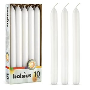 bolsius 10 count household white dinner candles – 9 inches – premium european quality – approx. 8 hours burn time – unscented dripless and smokeless, restaurant, wedding, spa, and party candlesticks