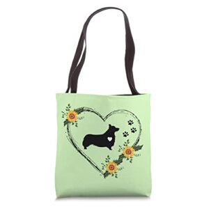 corgi dog heartbeat with paw prints on green tote bag