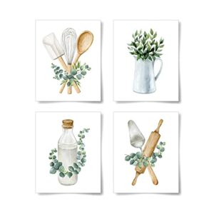 la naranja boho kitchen wall decor sage green plants botanical prints eucalyptus leaves wall art minimalist dining room artwork, set of 4 pictures, 8”x10”, unframed