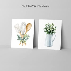 La Naranja Boho Kitchen Wall Decor Sage Green Plants Botanical Prints Eucalyptus Leaves Wall Art Minimalist Dining Room Artwork, Set of 4 Pictures, 8''x10'', UNFRAMED