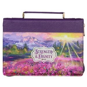 christian art gifts fashion bible cover strength and dignity scenic floral proverbs 31:25 faux leather, purple, medium