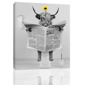 fotric highland cow reading newspaper in toilet canvas print country cow and sunflower wall art painting bedroom bathroom framed wall decor (wooden frame8”x10”,a)