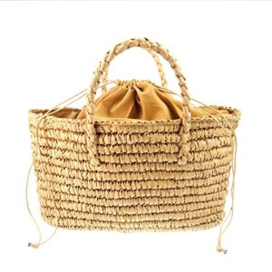 Handwoven Straw Vintage Tote Basket Purse Bag Straw Beach Bag Natural Casual Handbag Shoulder Bag Beach Rattan Vacation Bag