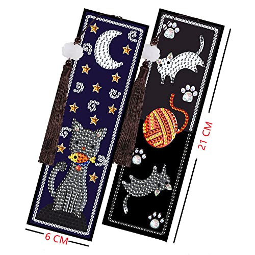 Fish Cat Bookmark Diamond Painting - pigpigboss 2 Pieces DIY Bookmark with Tassel Moon Cat Diamond Painting Bookmark for Adult Diamond Dots Arts Crafts Kit for Kid Graduation Gift