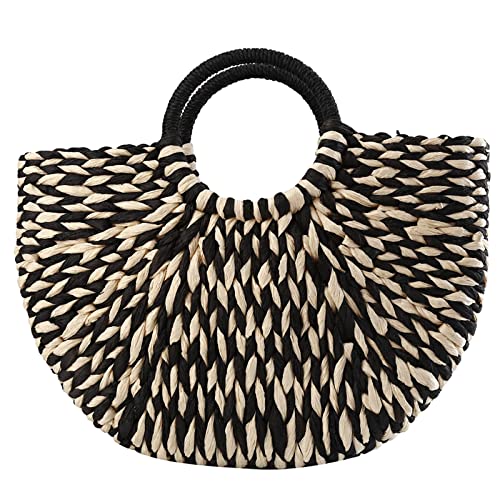 HBJE Women Handbag Rattan Wicker Straw Woven Half-round Bag Large Capacity Female Casual Travel Tote Fashion,Black white