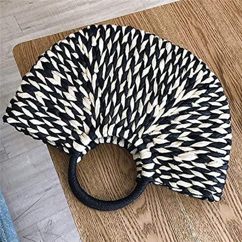 HBJE Women Handbag Rattan Wicker Straw Woven Half-round Bag Large Capacity Female Casual Travel Tote Fashion,Black white