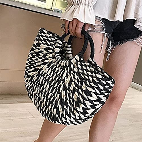 HBJE Women Handbag Rattan Wicker Straw Woven Half-round Bag Large Capacity Female Casual Travel Tote Fashion,Black white