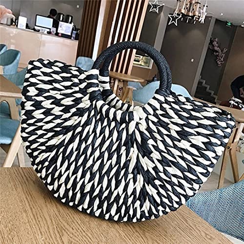 HBJE Women Handbag Rattan Wicker Straw Woven Half-round Bag Large Capacity Female Casual Travel Tote Fashion,Black white