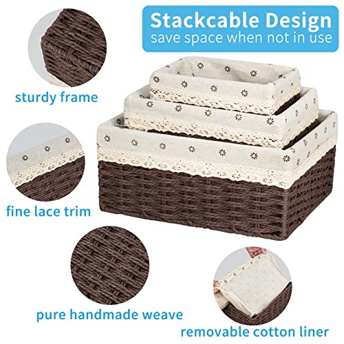 Storage Baskets for Shelves, Handmade Imitation Wicker Storage Baskets Set of 3 Stackable Woven Baskets for Storage with Removable Cotton Liner for Toilet Countertop Bedroom Livingroom Office Rectangle Decorative Storage Bins (Brown
