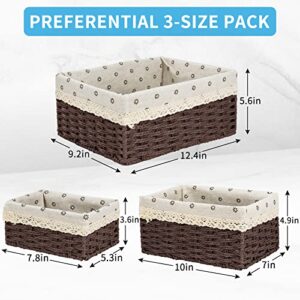 Storage Baskets for Shelves, Handmade Imitation Wicker Storage Baskets Set of 3 Stackable Woven Baskets for Storage with Removable Cotton Liner for Toilet Countertop Bedroom Livingroom Office Rectangle Decorative Storage Bins (Brown