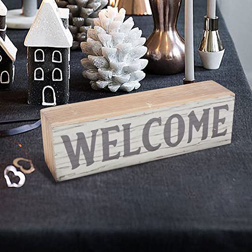 Welcome Decorative Tabletop Block Signs, 8.5” x 2” x 2.5” Solid Wood Wall Decor Signs for Kitchen, Dining Room, Living Room