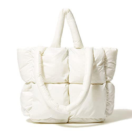 BDSX Large Puffer Shoulder Bag, Trendy Luxury Chic Quilted Cotton Padded Tote Bag for women, Winter Soft Puffer Tote Bag Nylon Down Pillow Bag Women's Handbags & Shopper Bag (White)