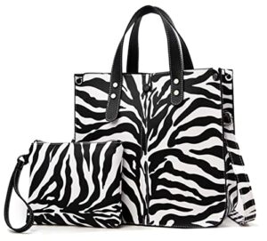 shoulder bag for women zebra print cows deer pattern pu tote purse satchel handbag matching clutch (zebra print),black and white